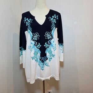 Chico's Size 4 USA XXL Embroidered Floral Pullover Kurta Sweater Tunic Top